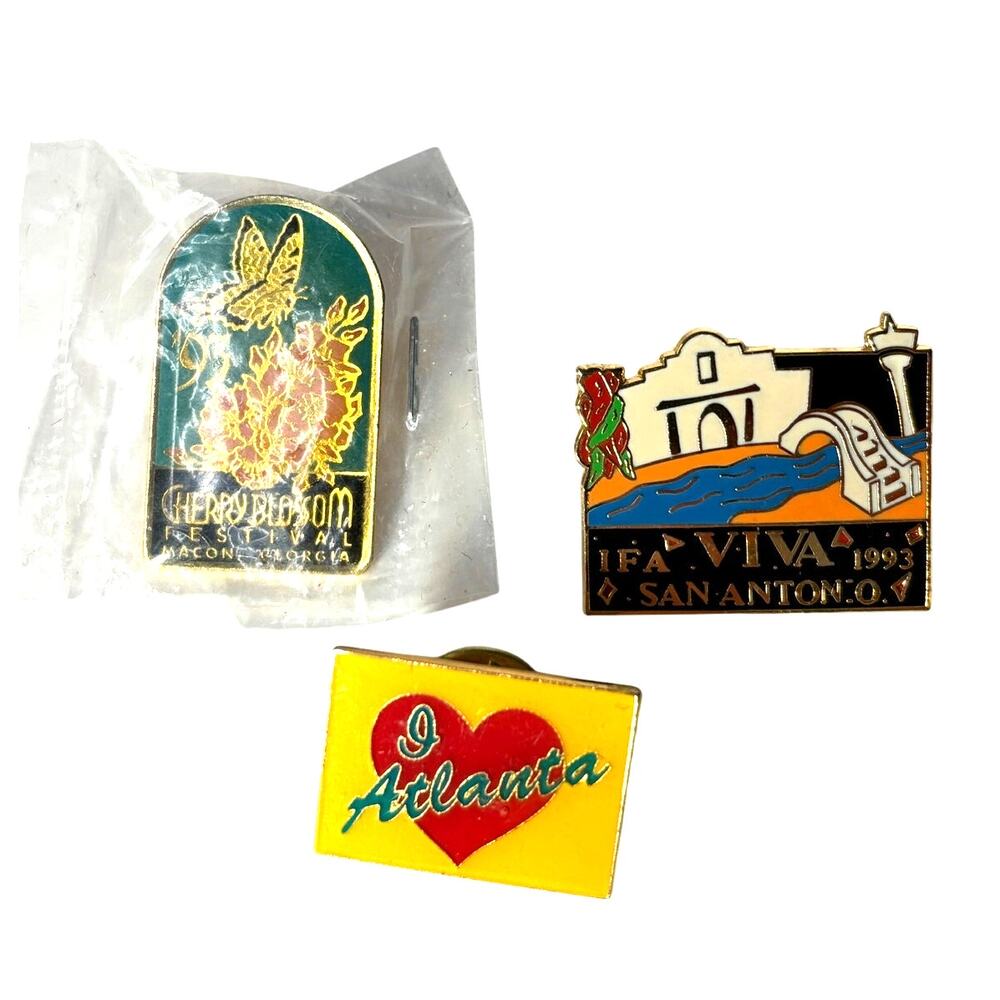 Vintage Enamel Metal Lapel Pin Travel Lot Macon GA Atlanta San Antonio 90s